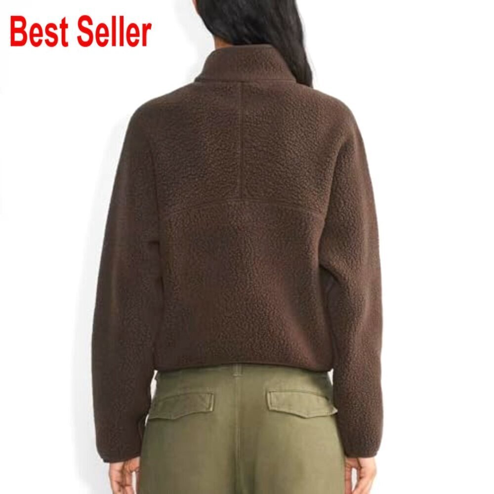 Cropped Half-Zip Sherpa Fleece Pullover with Pockets, Women's Oversized Hoodie - Picture 4 of 7